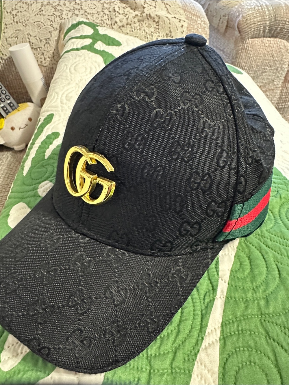 Gucci Black GG Monogram Baseball Cap with Gold Double G